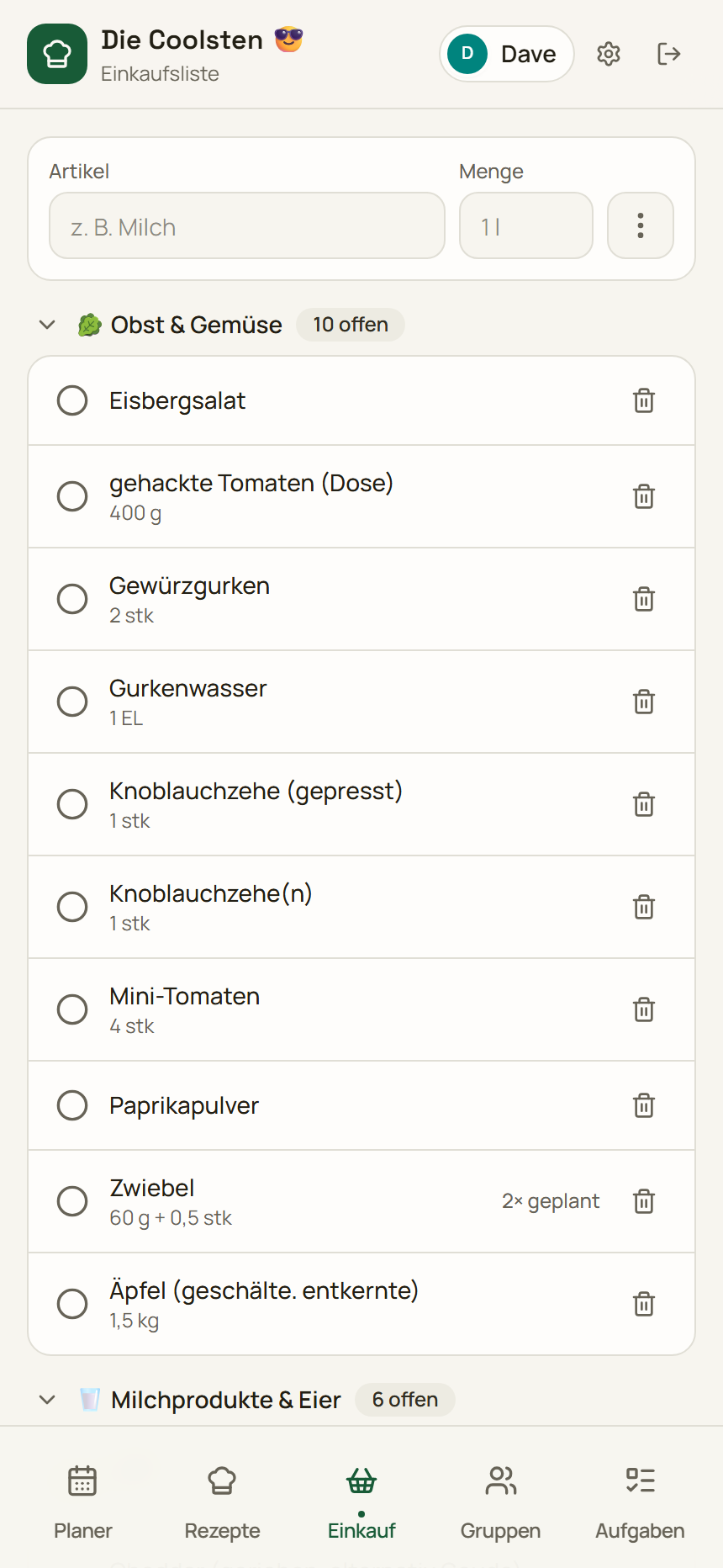 Einkaufsliste in Zelomi, automatisch aus dem Essensplan befüllt